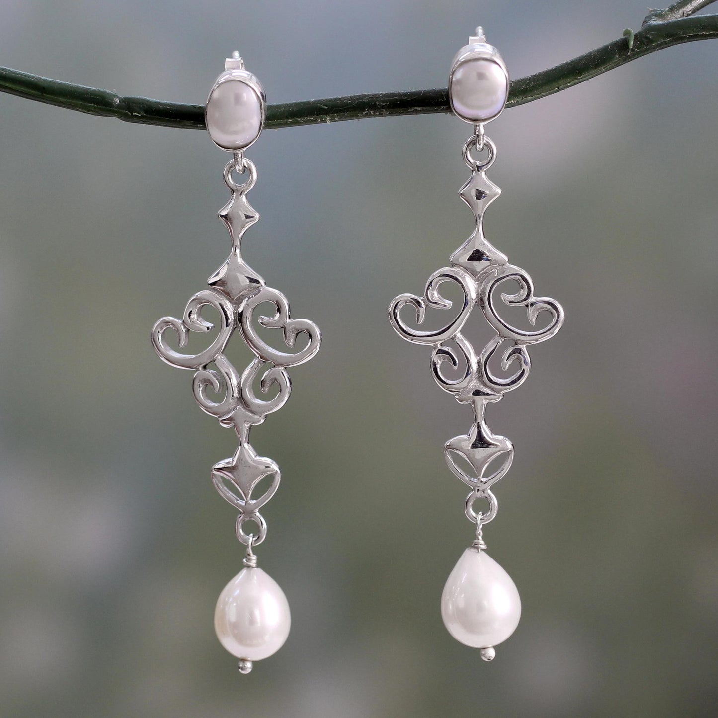 Ode to Fantasy Shiny Sterling Silver Earrings with White Pearls from India