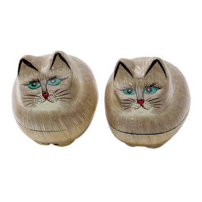 Contented Kitties Indian Handcrafted Cat Theme Papier Mache Boxes (Pair)