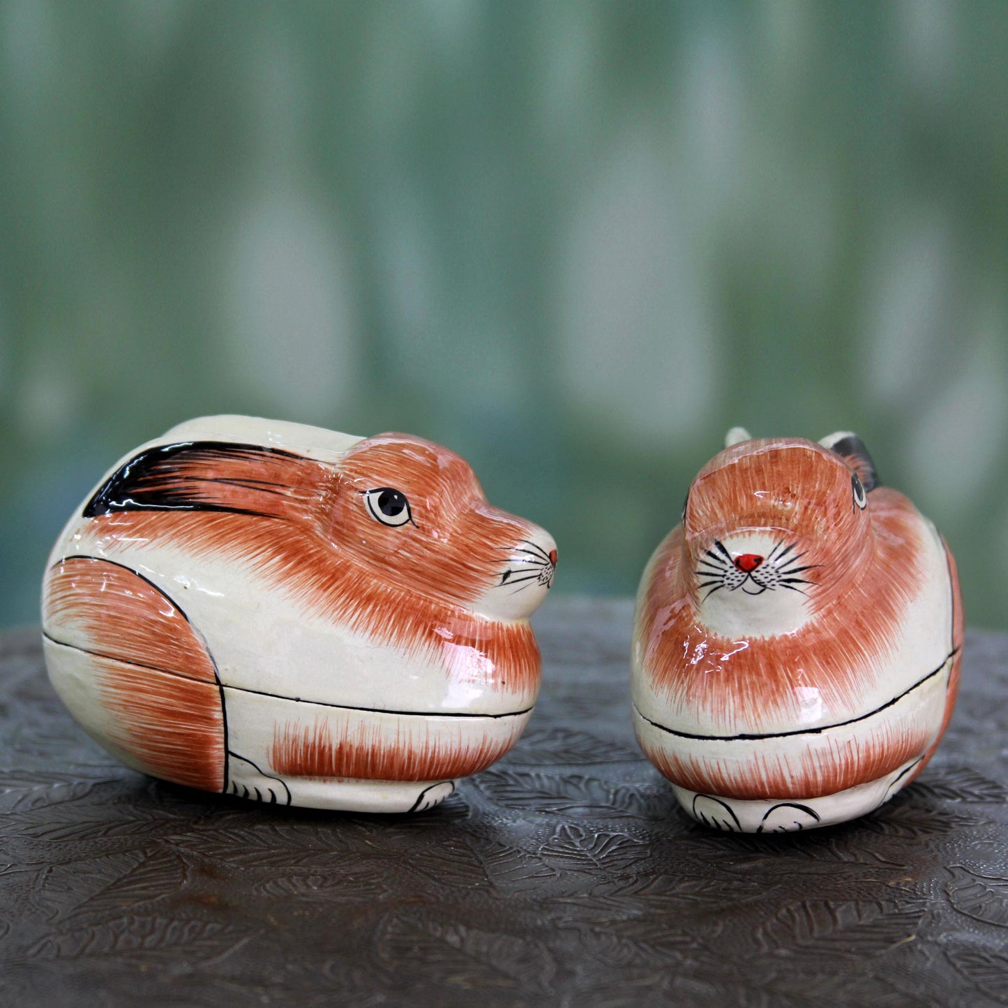 Baby Bunnies India Rabbit Theme Handcrafted Papier Mache Boxes (Pair)