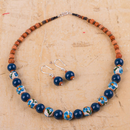 Precious Blue Jewelry Set with Hand Painted Flowers on Ceramic Beads