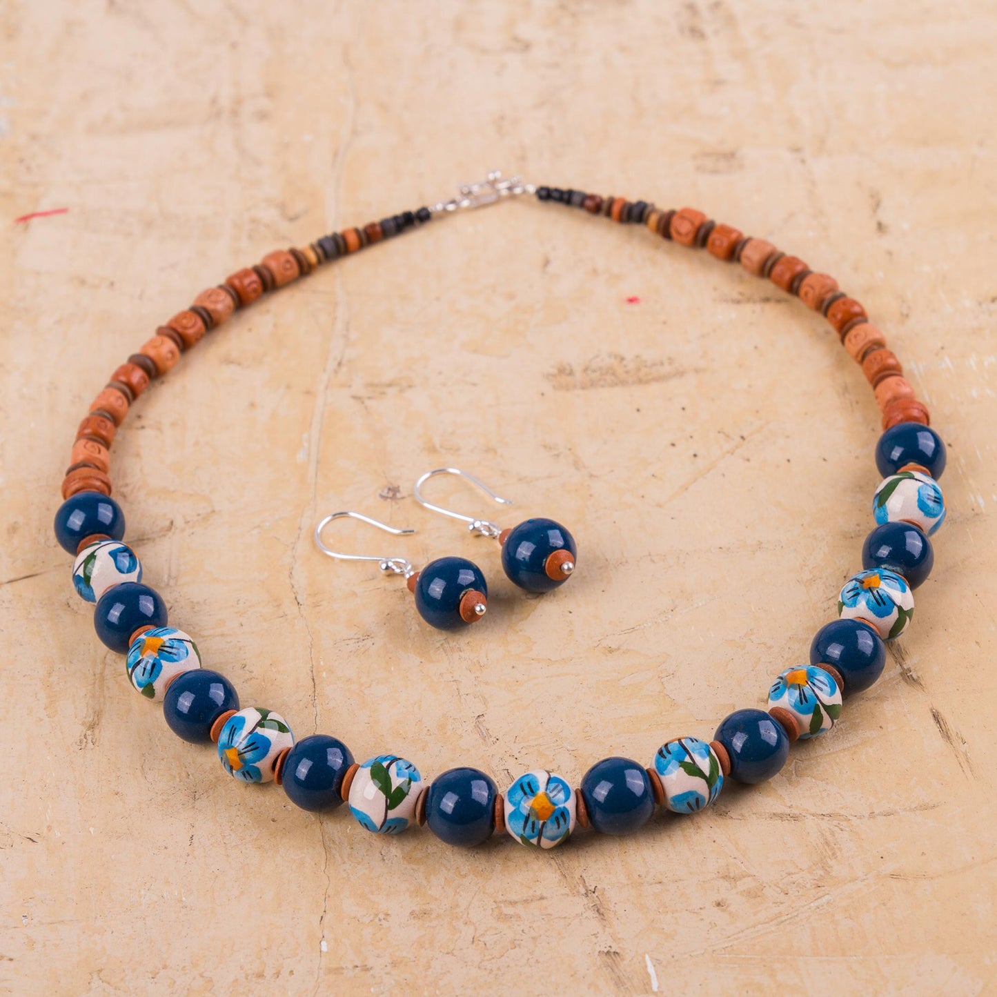 Precious Blue Jewelry Set with Hand Painted Flowers on Ceramic Beads