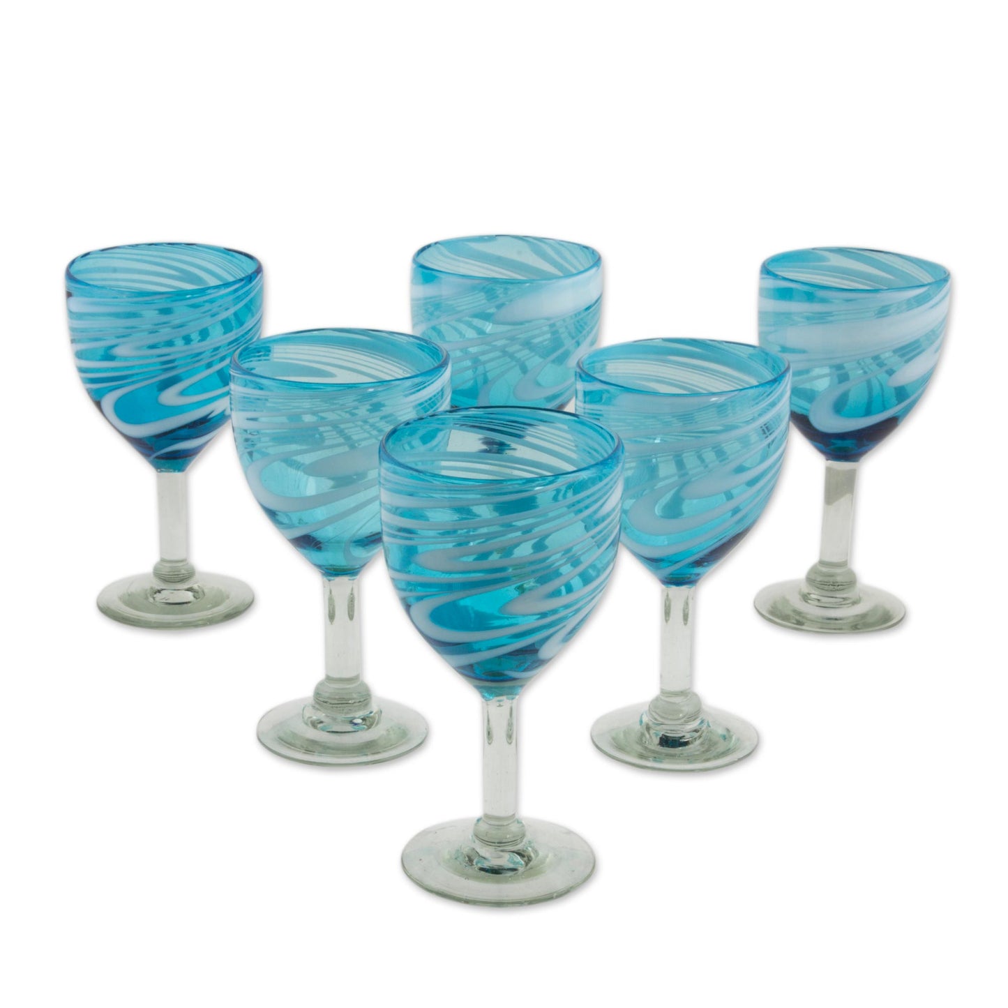 Whirling Aquamarine 6 Hand Blown Wine Glasses in Aqua and White from Mexico