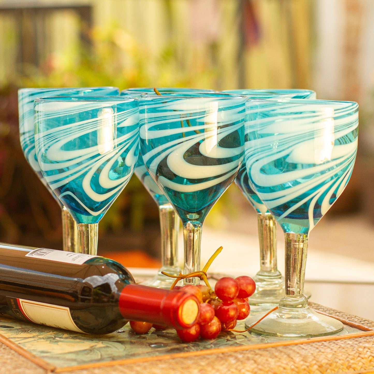 Whirling Aquamarine 6 Hand Blown Wine Glasses in Aqua and White from Mexico