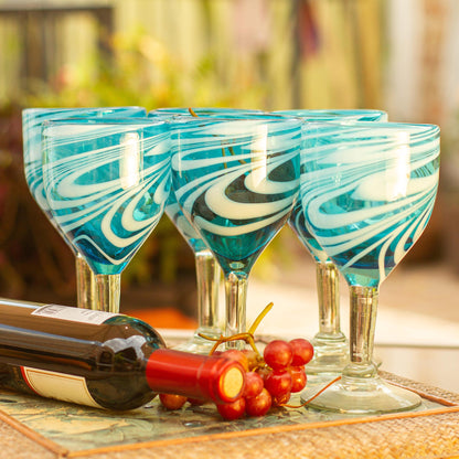 Whirling Aquamarine 6 Hand Blown Wine Glasses in Aqua and White from Mexico