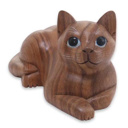 Short Haired Cat Hand Carved Wood Cat Sculpture from Balinese Artisan