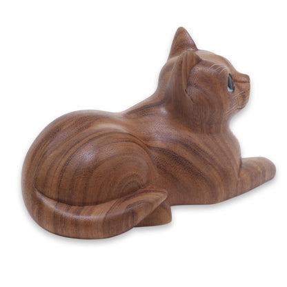 Short Haired Cat Hand Carved Wood Cat Sculpture from Balinese Artisan