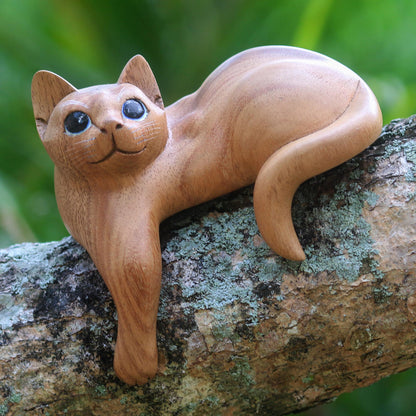 Watchful Ginger Cat Hand Carved Kitty Cat Sculpture in Medium Wood Finish