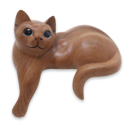 Watchful Ginger Cat Hand Carved Kitty Cat Sculpture in Medium Wood Finish