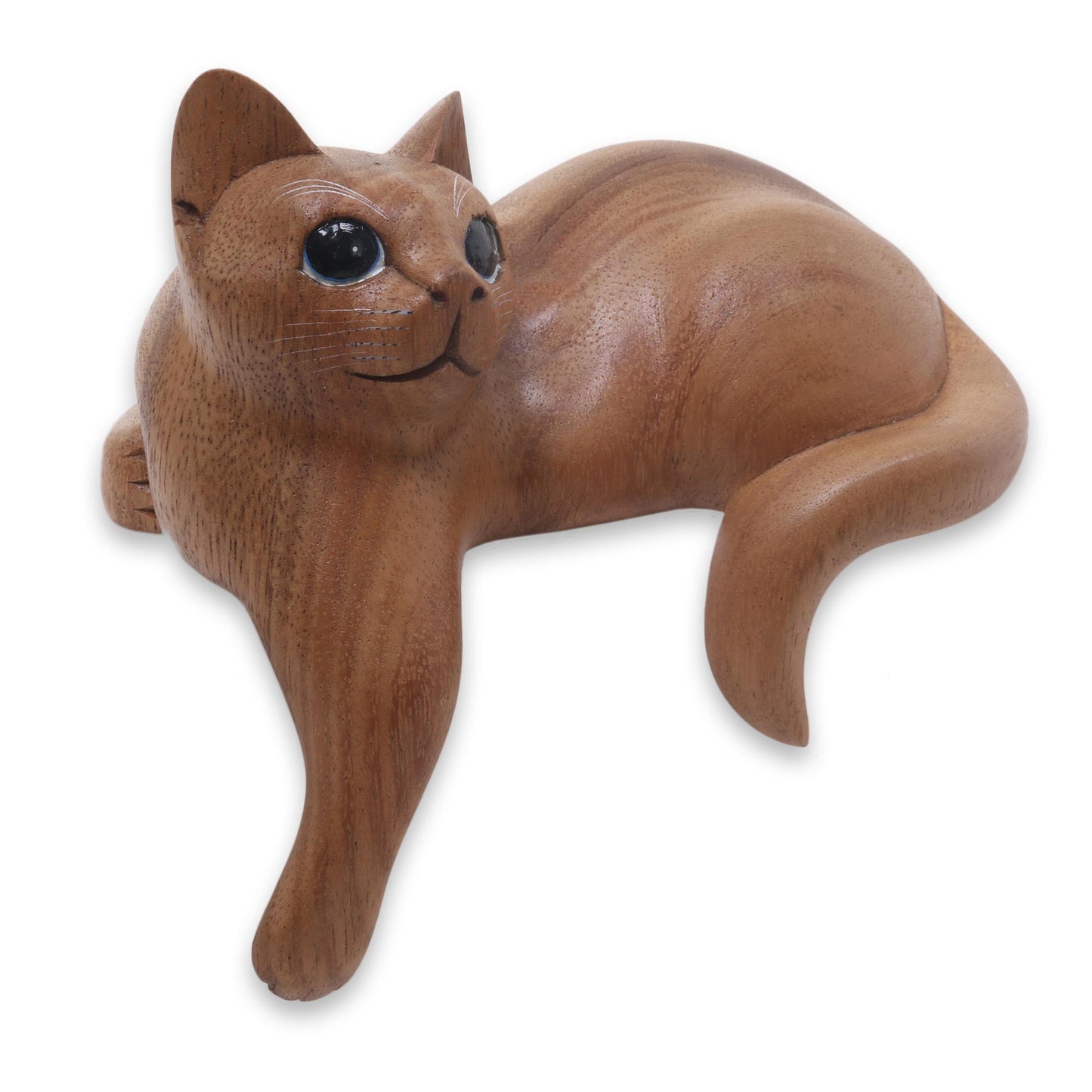 Watchful Ginger Cat Hand Carved Kitty Cat Sculpture in Medium Wood Finish