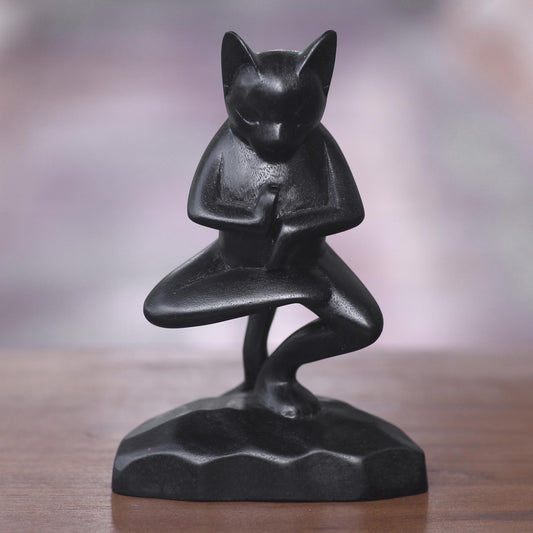 Vrkasana Black Cat Unique Wood Sculpture of Black Cat in Yoga Pose