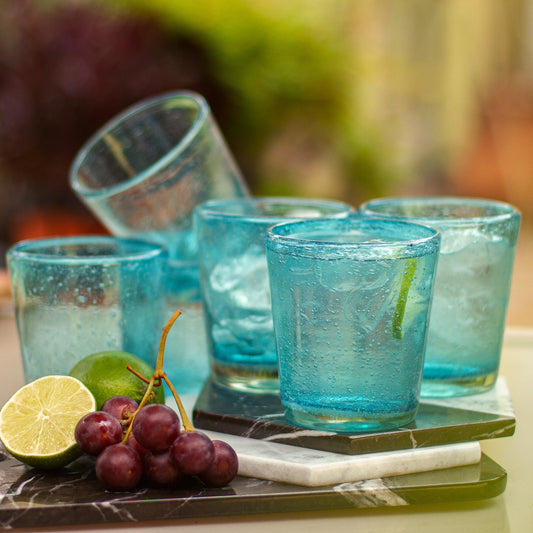 Aquamarine Bubbles Set of 6 Aquamarine Hand Blown 10 oz Juice Glasses