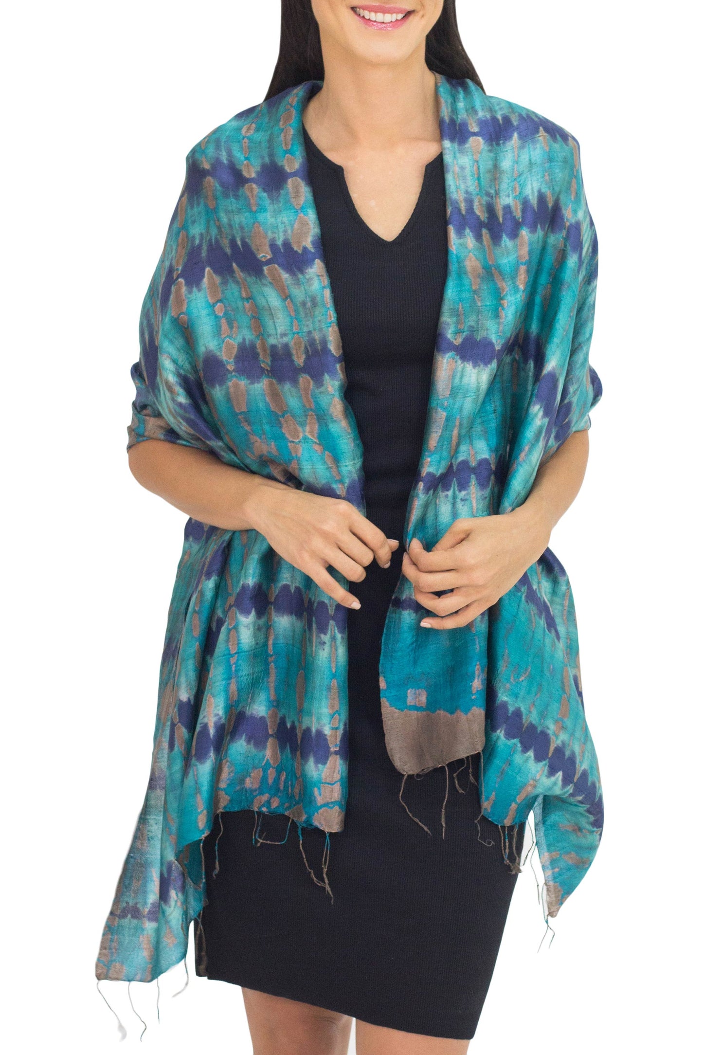 Teal Reflecting Pools Thai Artisan Crafted Teal and Blue Tie Dyed Silk Shawl