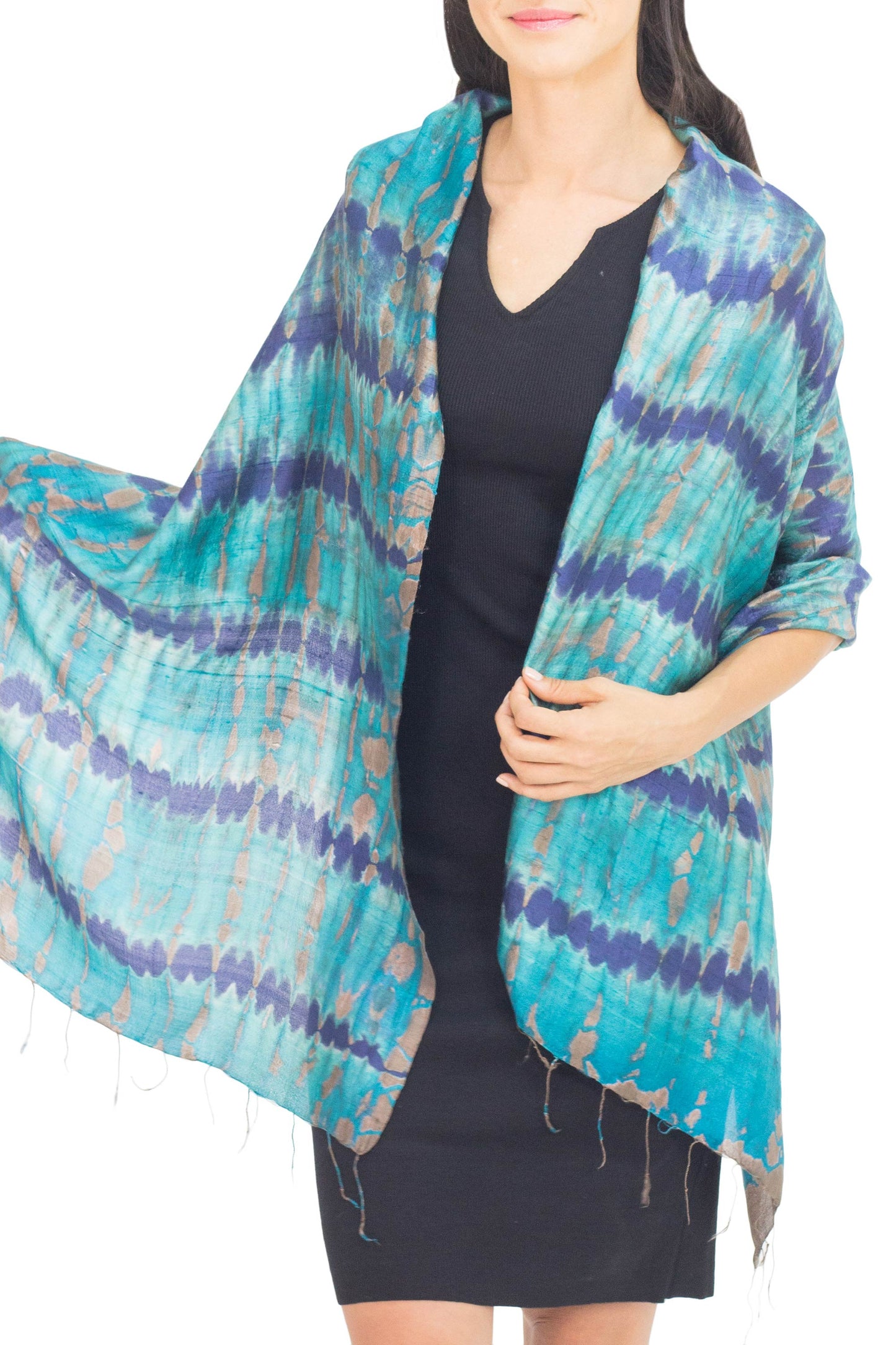 Teal Reflecting Pools Thai Artisan Crafted Teal and Blue Tie Dyed Silk Shawl