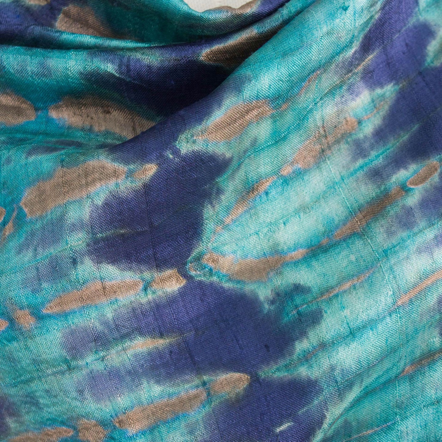 Teal Reflecting Pools Thai Artisan Crafted Teal and Blue Tie Dyed Silk Shawl