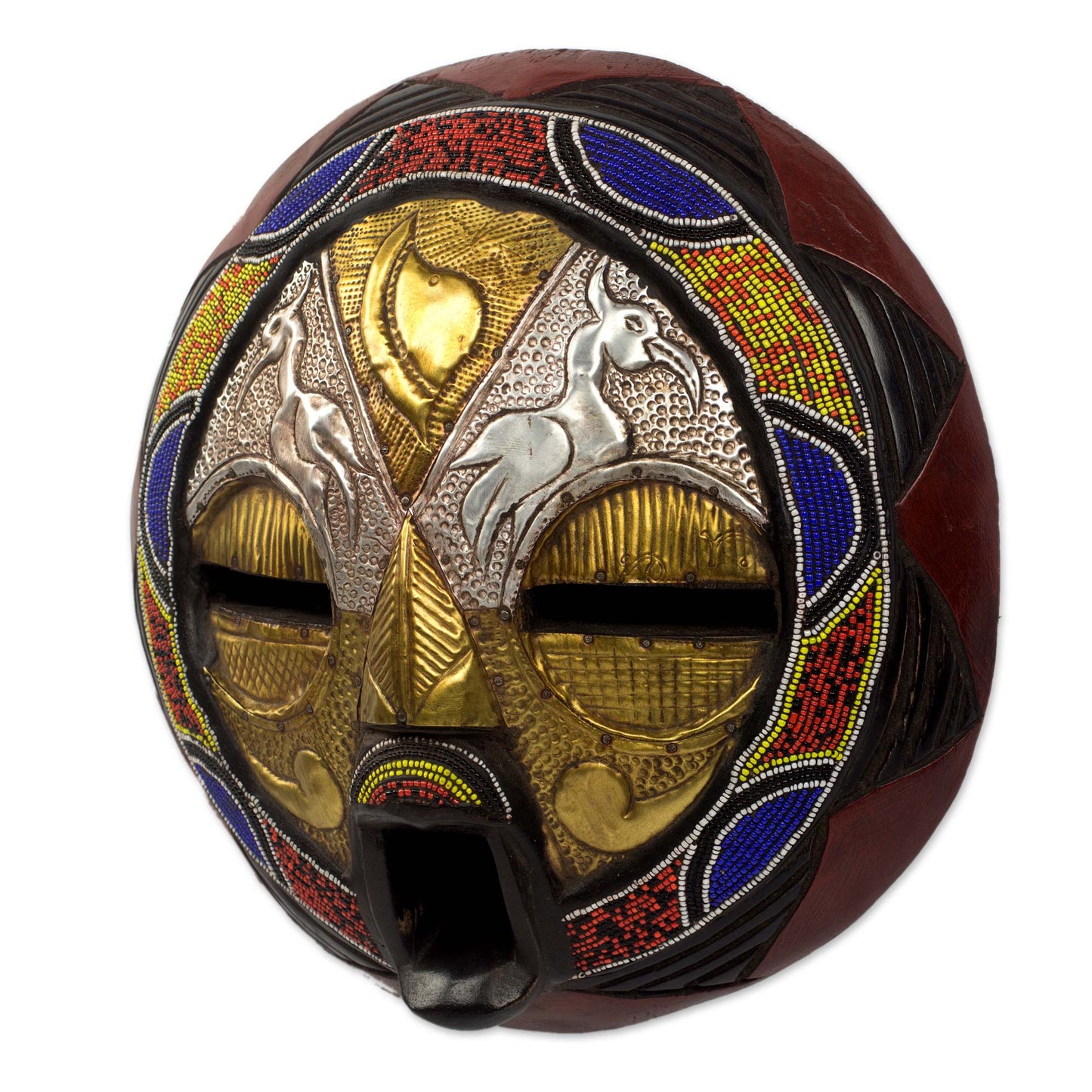 Promise of Prosperity Bead and Brass Repousse African Wall Mask with Animal Motifs