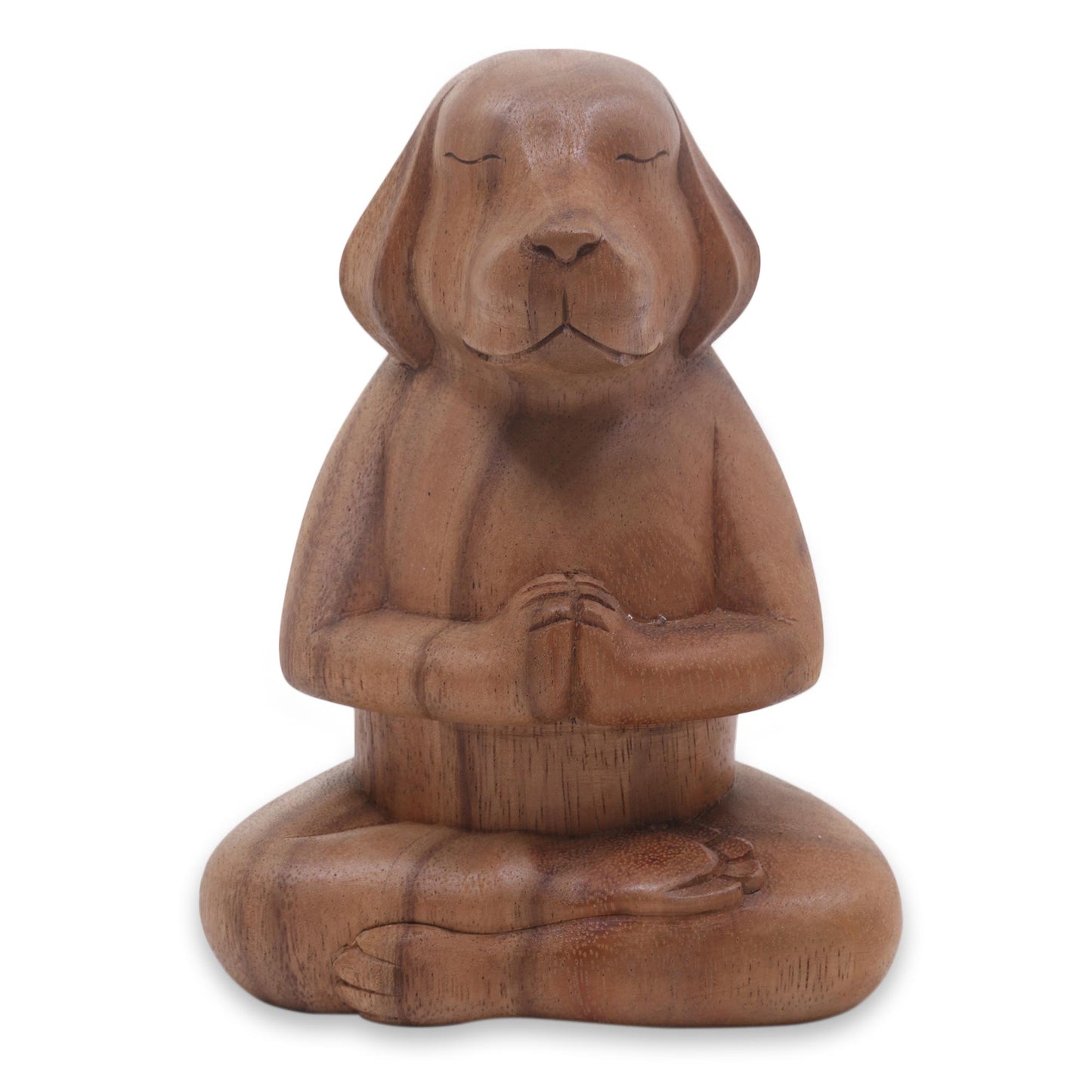 Meditating Puppy Brown Wood Puppy Sculpture in Whimsical Yoga Pose