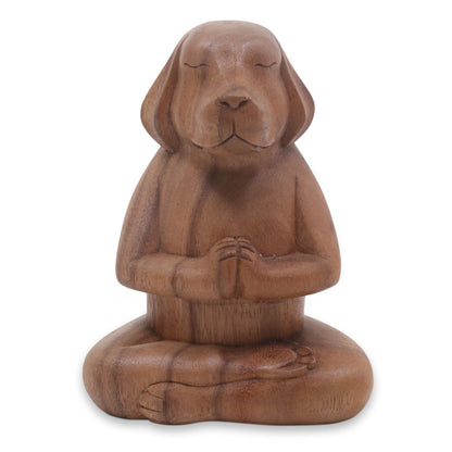 Meditating Puppy Brown Wood Puppy Sculpture in Whimsical Yoga Pose