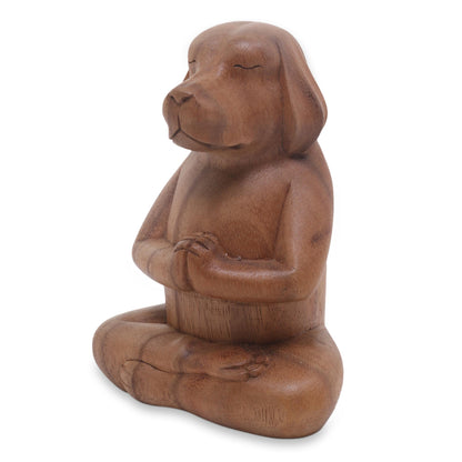 Meditating Puppy Brown Wood Puppy Sculpture in Whimsical Yoga Pose