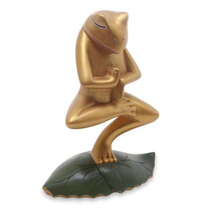 Vrkasana Yoga Frog Handmade Wood Frog Yoga Statuette with Golden Finish