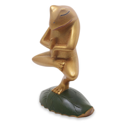 Vrkasana Yoga Frog Handmade Wood Frog Yoga Statuette with Golden Finish