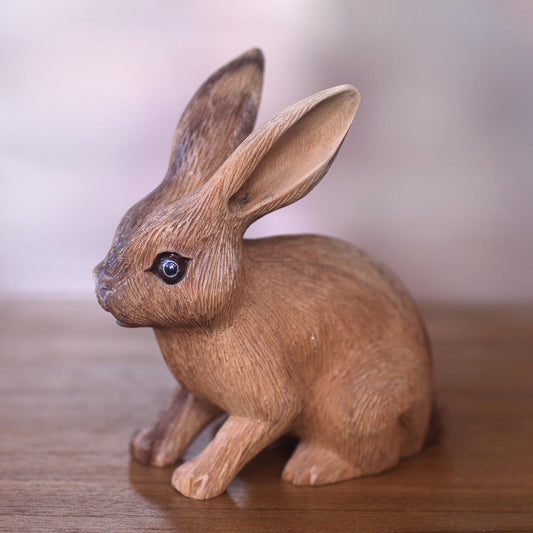 Long-Haired Ginger Rabbit Wooden Rabbit Statuette Carved by Hand in Bali