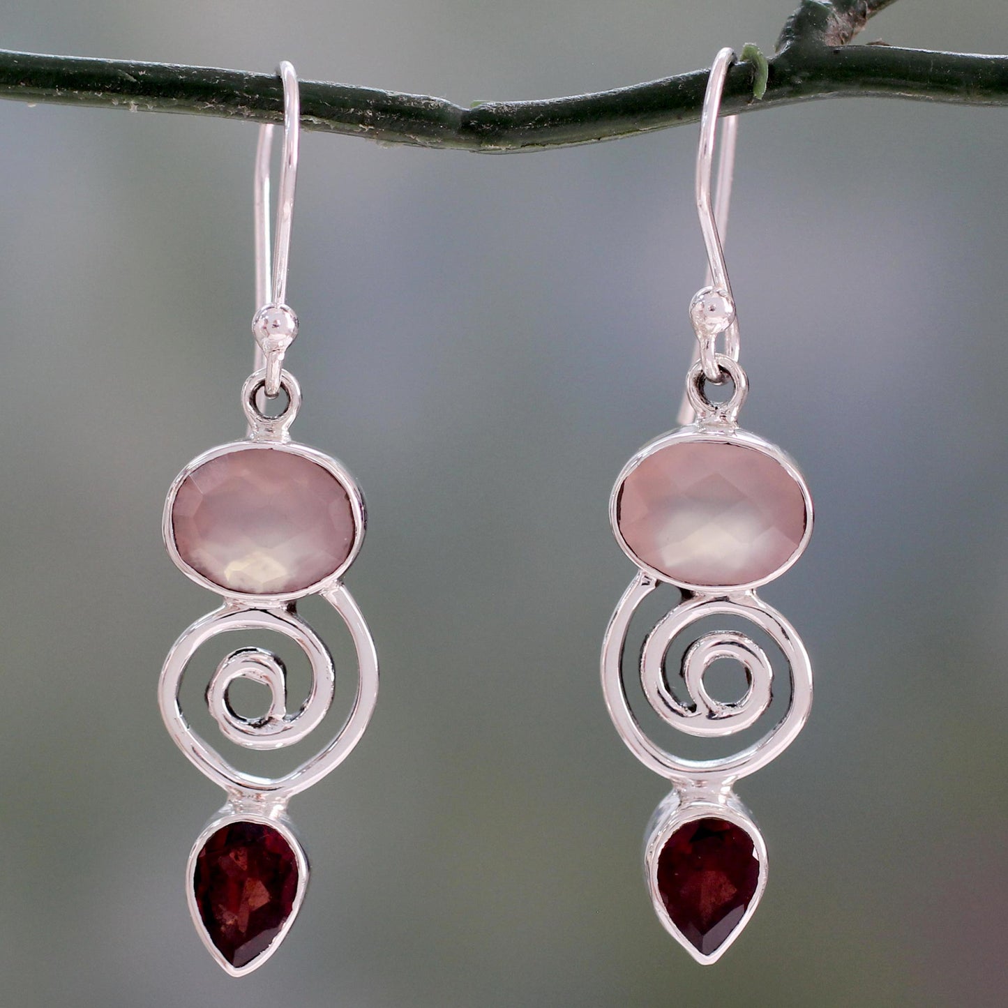 Romantic Journey Silver Dangle Earrings with Rose Quartz and Garnet Stones