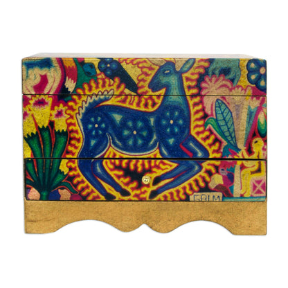 Kawuyumaire Guardian Huichol Deer on Decoupage Wood Jewelry Box