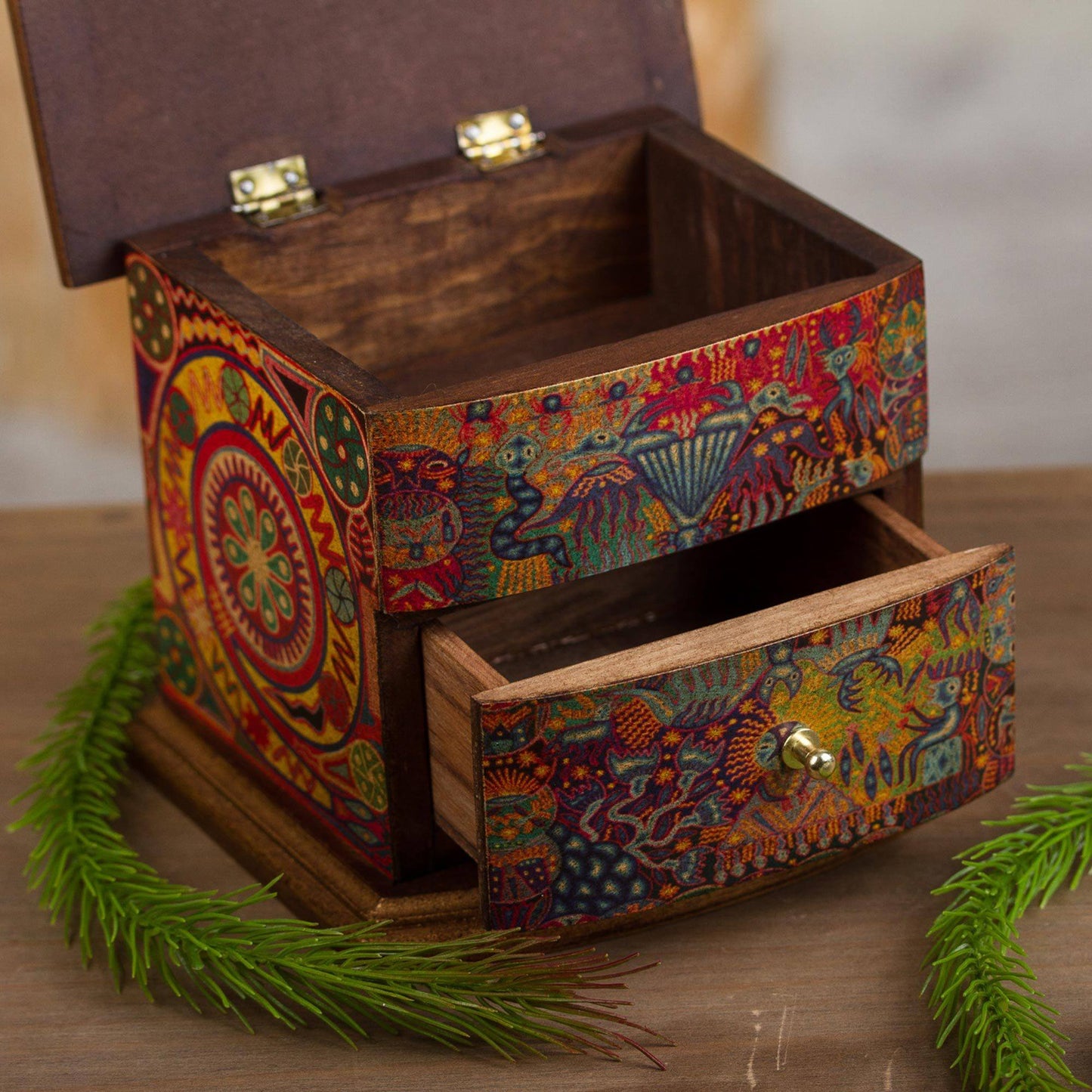 Colorful Huichol Decoupage Pinewood Jewelry Box