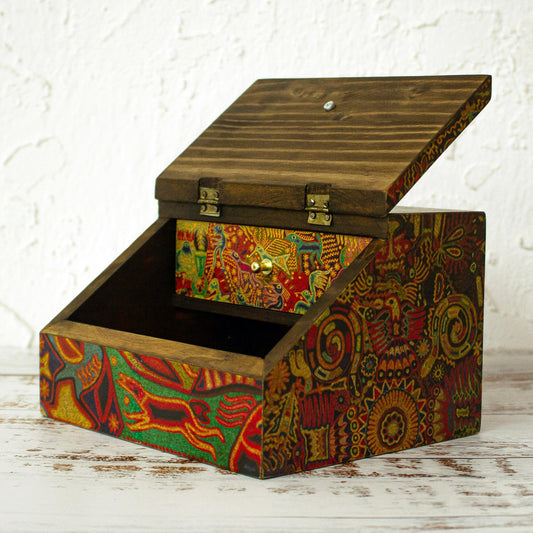 Huichol Essence Huichol Cosmogony on 6-Inch Decoupage Wood Jewelry Box