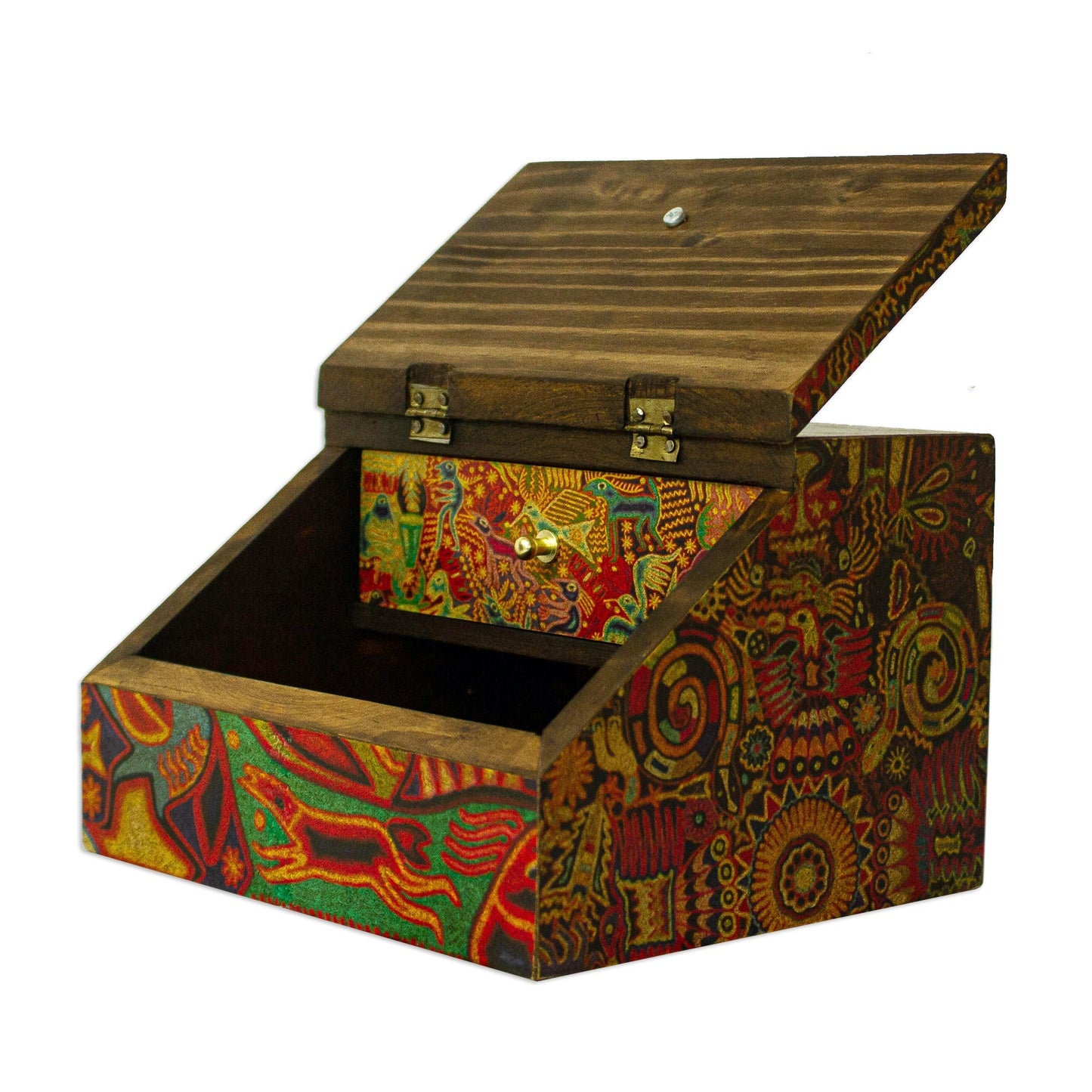 Huichol Essence Huichol Cosmogony on 6-Inch Decoupage Wood Jewelry Box