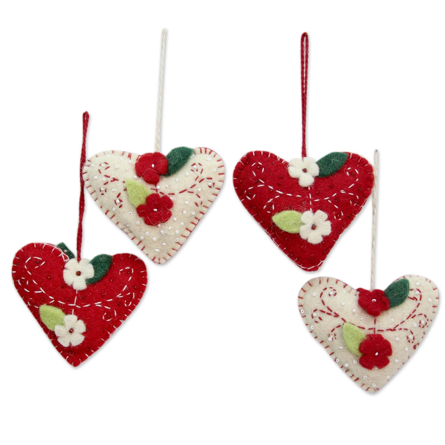 Joyful Hearts Handcrafted Felt Heart Ornaments in Red and Ivory (Set of 4)