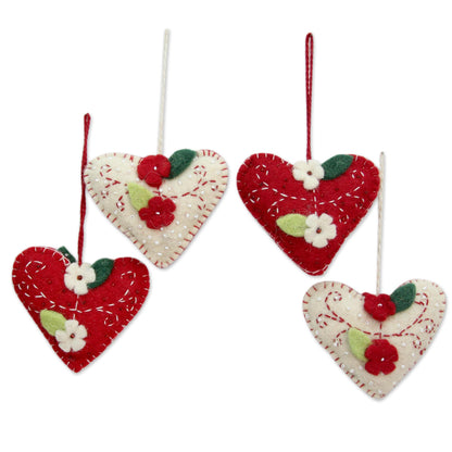 Joyful Hearts Handcrafted Felt Heart Ornaments in Red and Ivory (Set of 4)