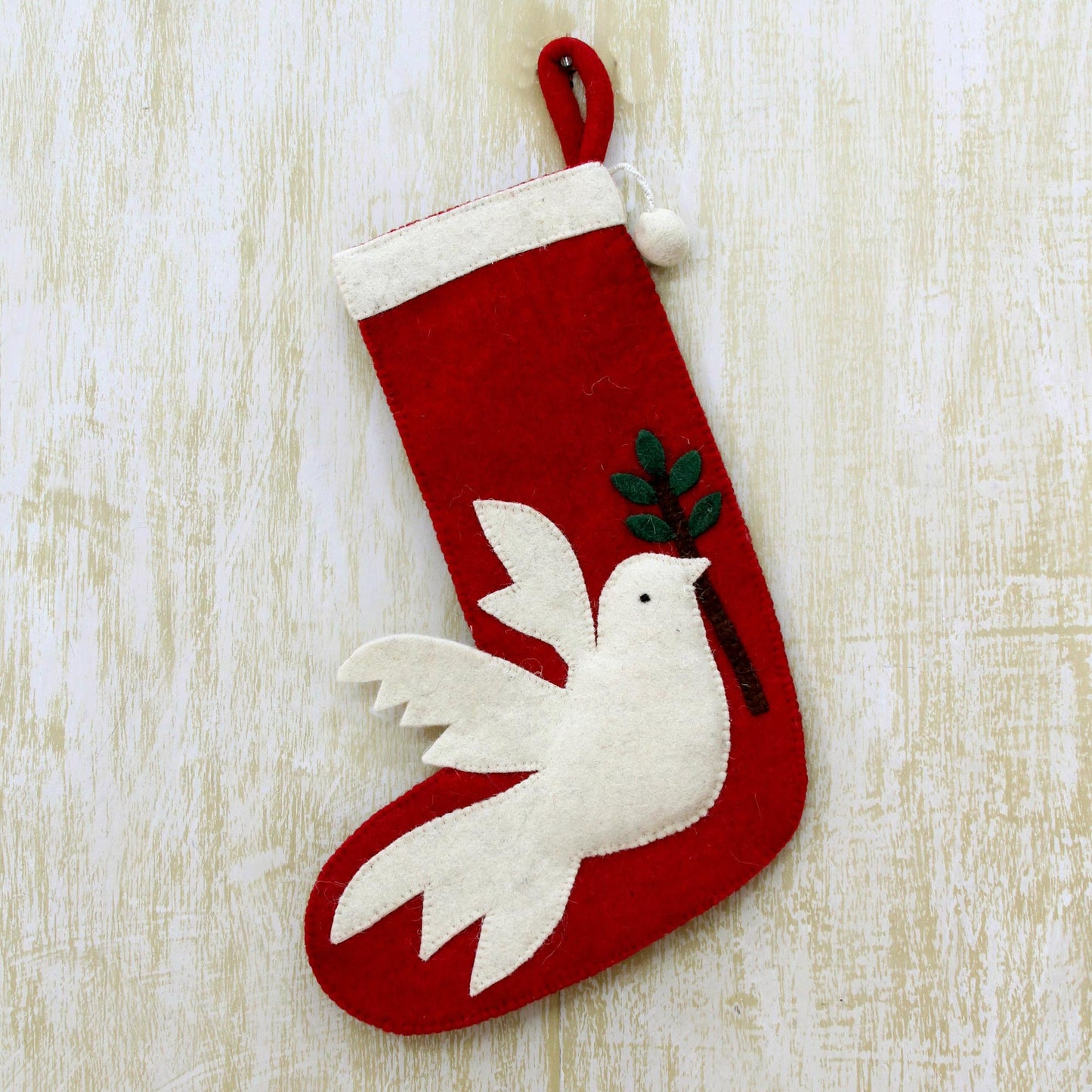 Peaceful Dove Peace Themed Red Holiday Stocking with Dove Motif