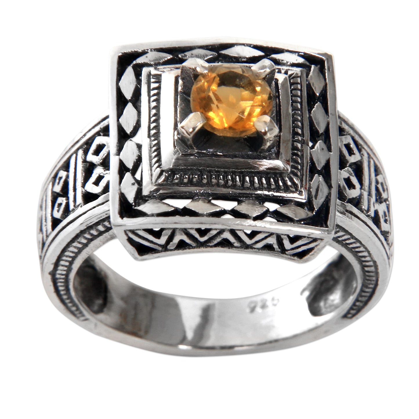 Ayung Terraces Artisan Crafted Engraved Sterling Silver and Citrine Ring