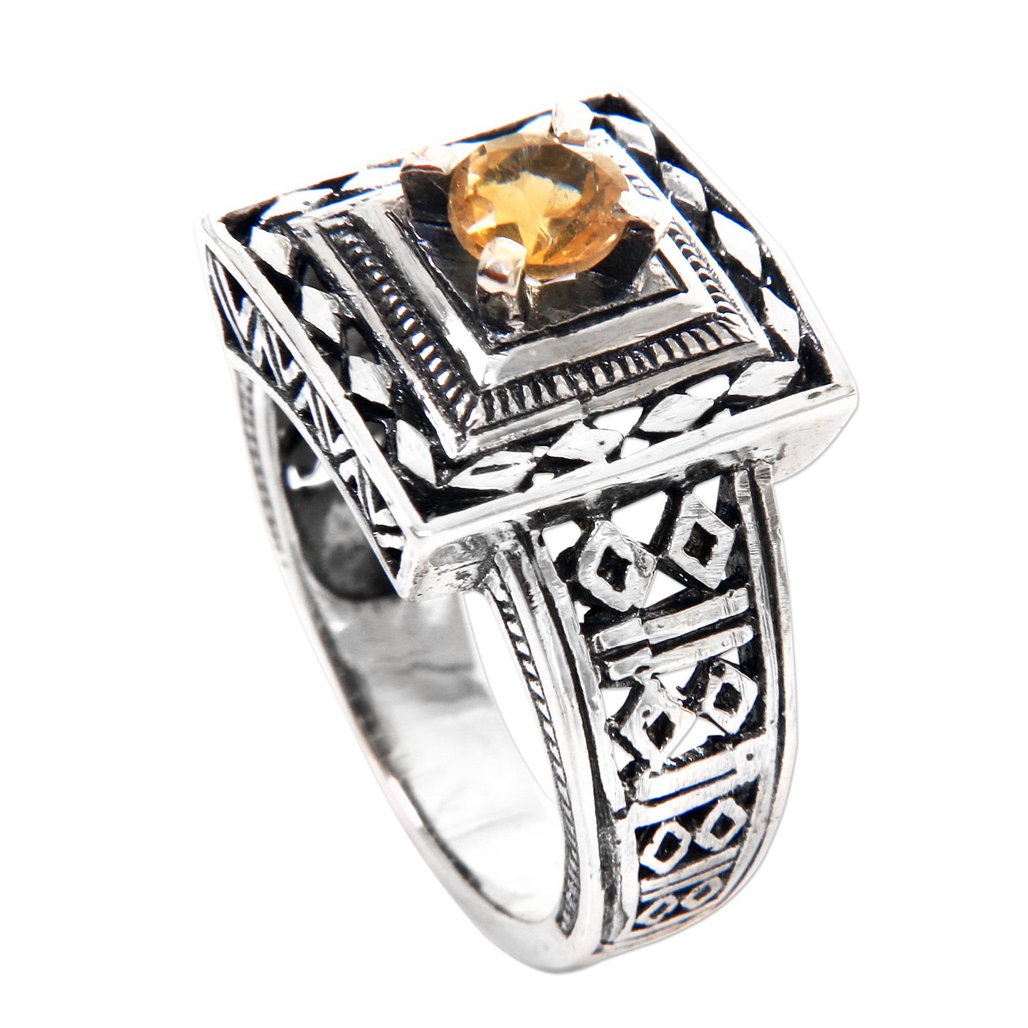 Ayung Terraces Artisan Crafted Engraved Sterling Silver and Citrine Ring