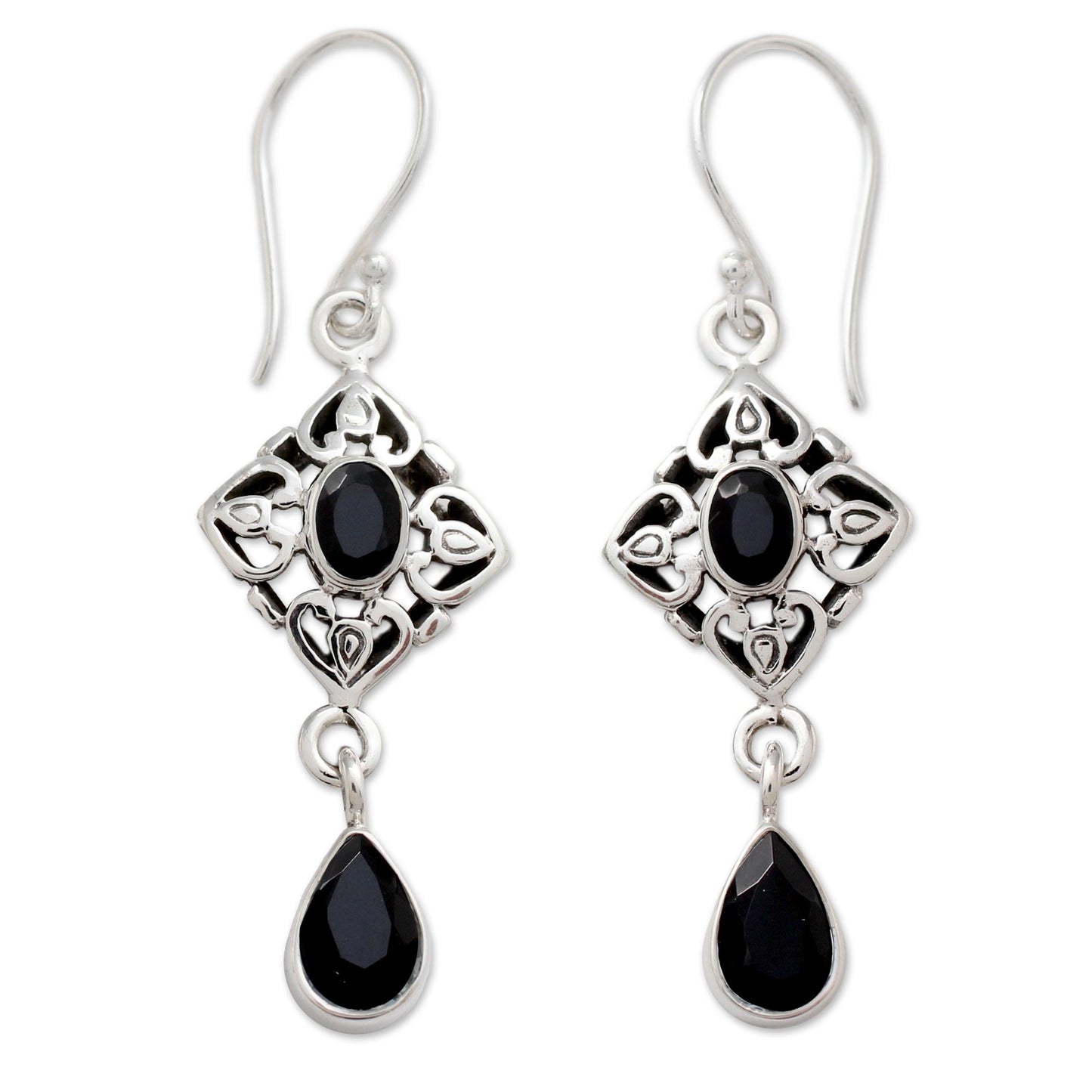 Regal in Black Ornate Black Onyx and Sterling Silver Dangle Style Earrings