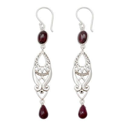 Mughal Mystery Long Ruby and Garnet Earrings in Sterling Silver from India