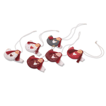 Red-headed Angels Set of 6 Red-Haired Wooden Angel Ornaments with Hearts