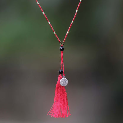 Silver Banyan Tree Hand Made Onyx Pendant Necklace Red Cord from Indonesia