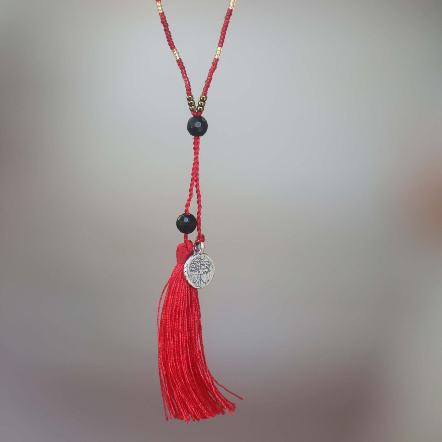 Silver Banyan Tree Hand Made Onyx Pendant Necklace Red Cord from Indonesia