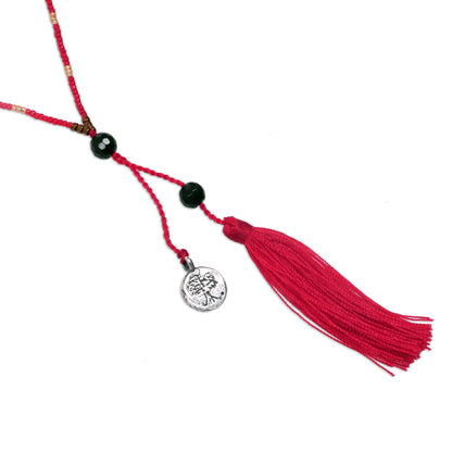 Silver Banyan Tree Hand Made Onyx Pendant Necklace Red Cord from Indonesia