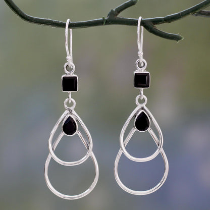 Black Ice Onyx Dangle Style Earrings Set in Polished Sterling Silver