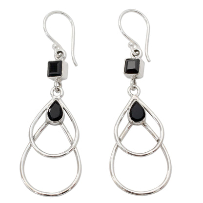 Black Ice Onyx Dangle Style Earrings Set in Polished Sterling Silver