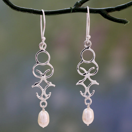 Sublime Trellis Polished Sterling Silver Dangle Earring with Cultured Pearls