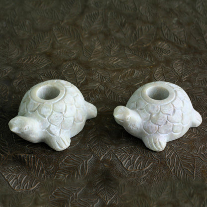 Turtle Delight Turtle Candle Holders Hand Carved from Soapstone (Pair)