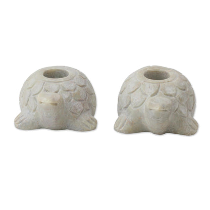 Turtle Delight Turtle Candle Holders Hand Carved from Soapstone (Pair)