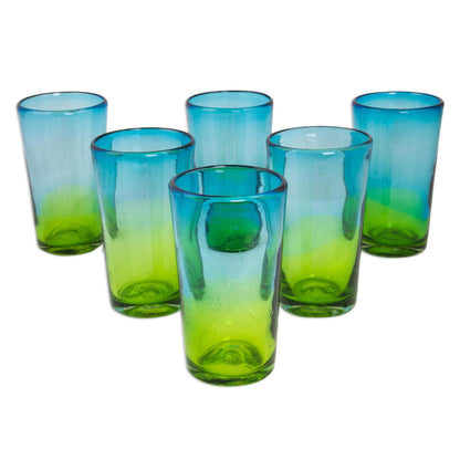 Aurora Tapatia 6 Artisan Crafted Blue Green Blown Glass Highball Glasses