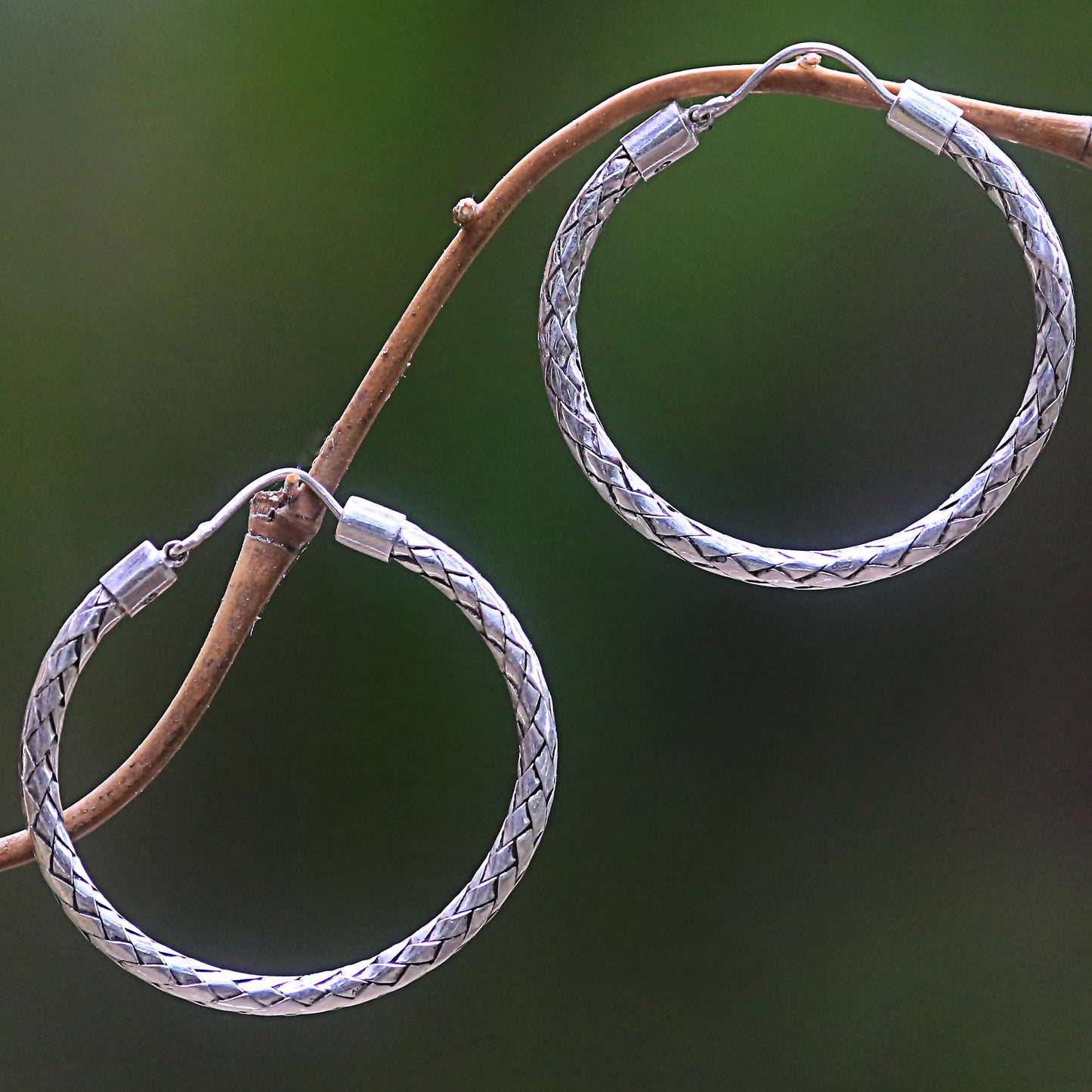 Pandan Weaving Hoop Earrings of Handwoven Sterling Silver Ribbons