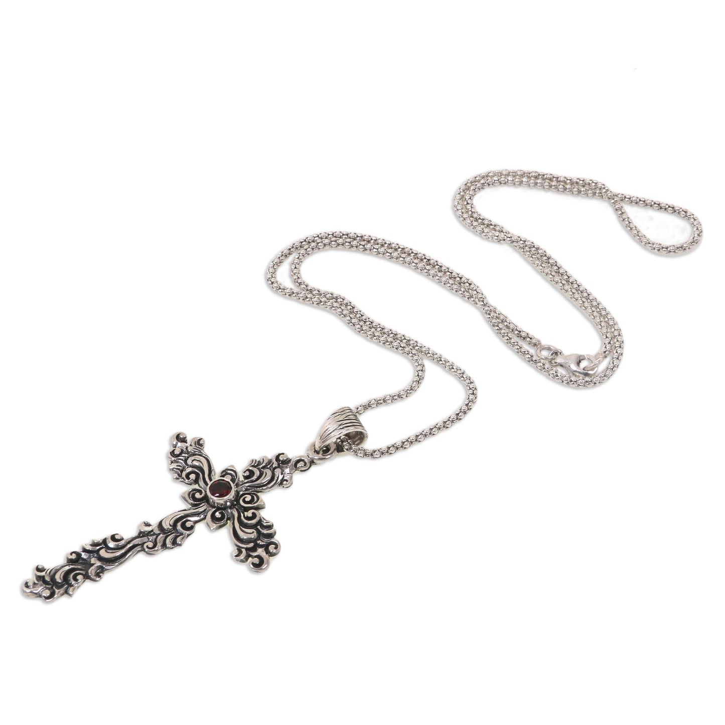 Balinese Floral Cross Hand Crafted Sterling Silver Necklace with Cross Pendant