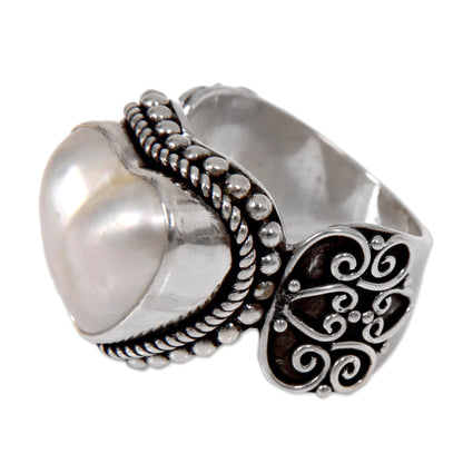 Romance in White Ornate Cocktail Ring with Heart Shaped White Mabe Pearl